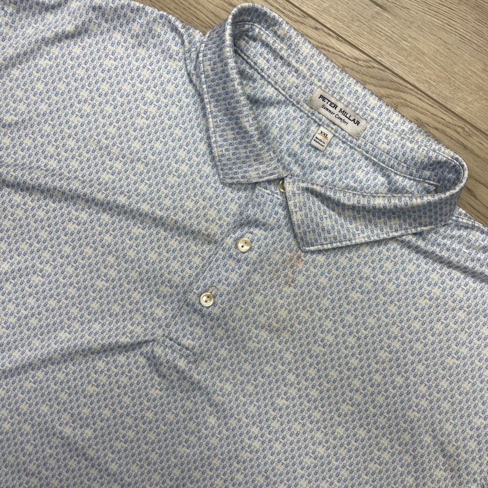 Peter Millar Polo Shirt XXL Blue Geometric Summer Comfort MS24EK06S READ Golf